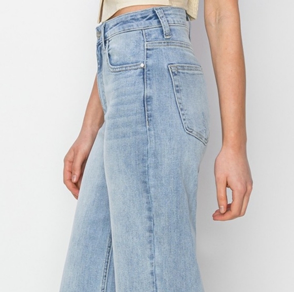 RISEN High-Rise Waist Pants Wide Leg Cropped Frayed Hem Boyfriend Denim Jeans - Picture 5 of 15